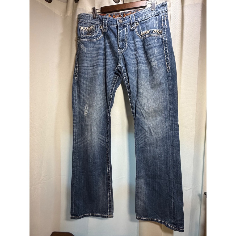 Rock Revival Mens Bootcut Jeans Size 34 Flap Pocket Thick Stitch Blue Y2K